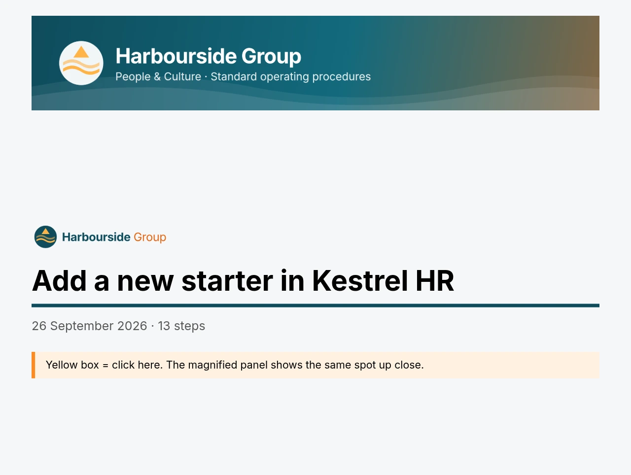 The demo walkthrough playing as an animation: the branded title, then each step of adding a new starter in Kestrel HR with its instruction above the screenshot.