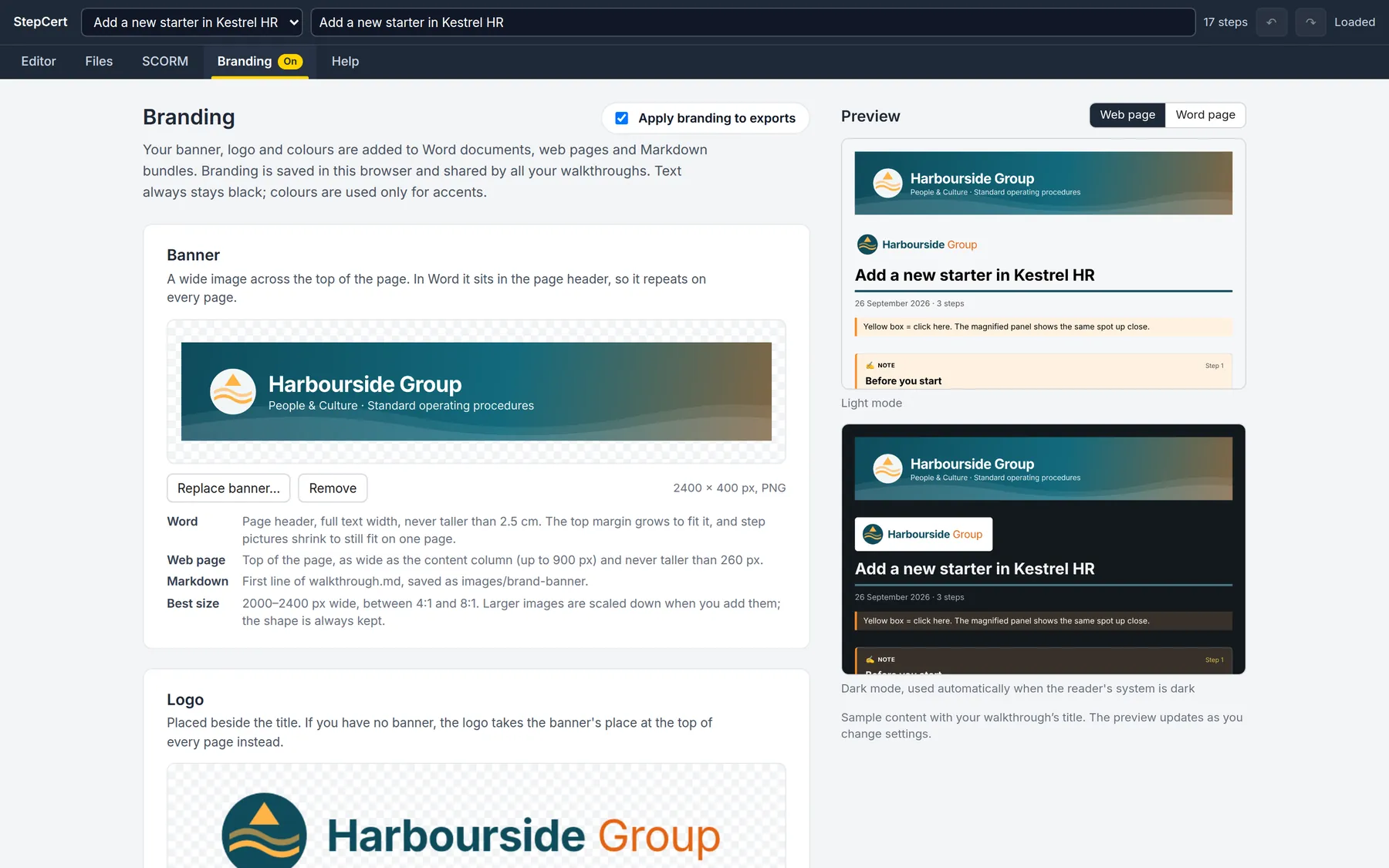 The Branding tab with the Harbourside Group banner and logo and live previews of the web page in light and dark mode.