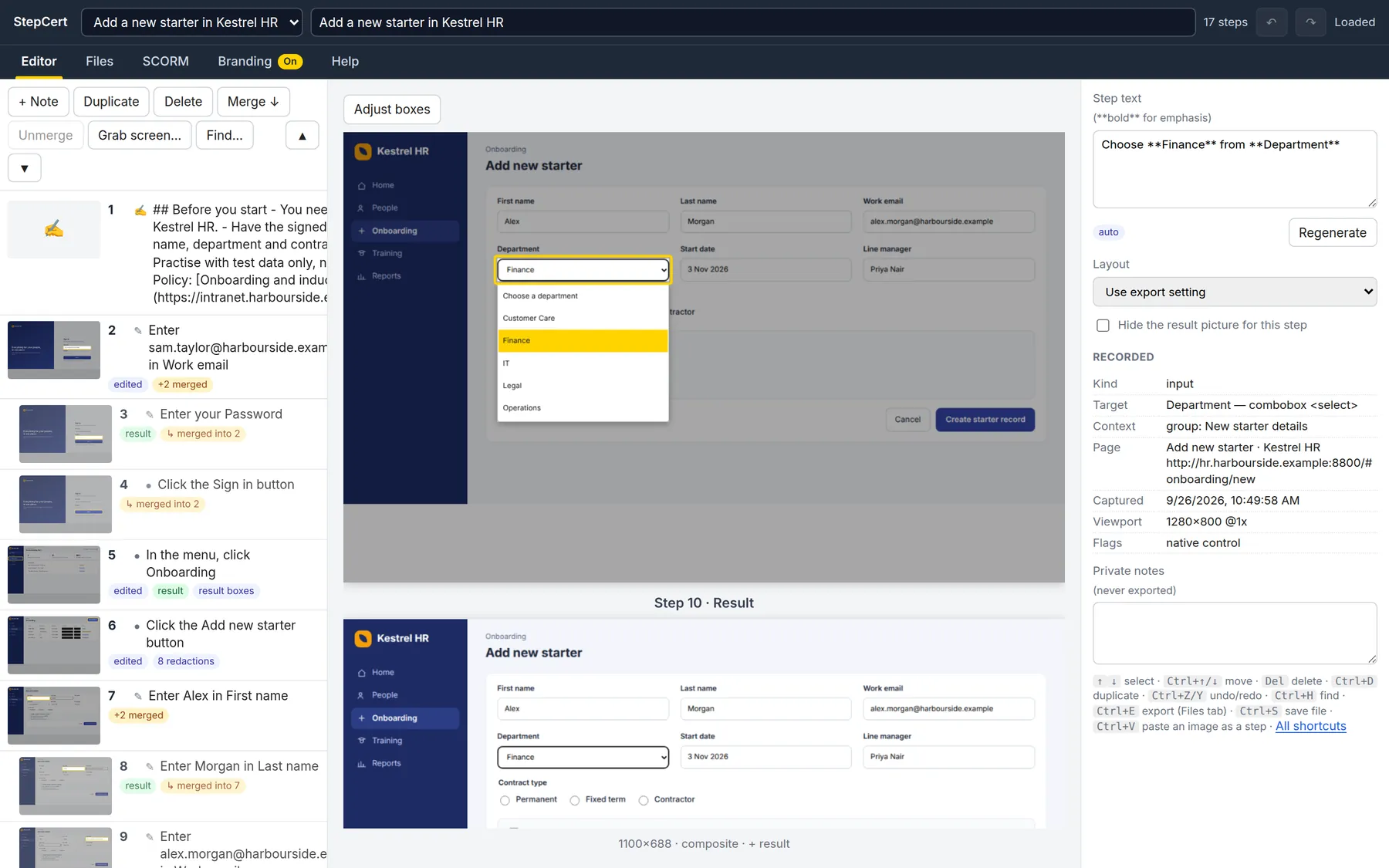 The editor showing the step “Choose Finance from Department” with the dropdown list redrawn and Finance highlighted in yellow, and the result picture below.