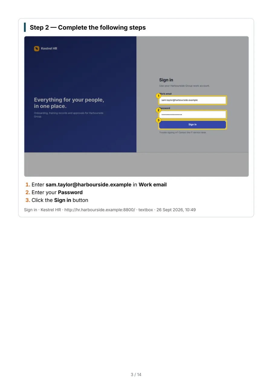 A PDF page for step 2, one picture of the sign-in screen with three numbered boxes and a numbered list of the three instructions.