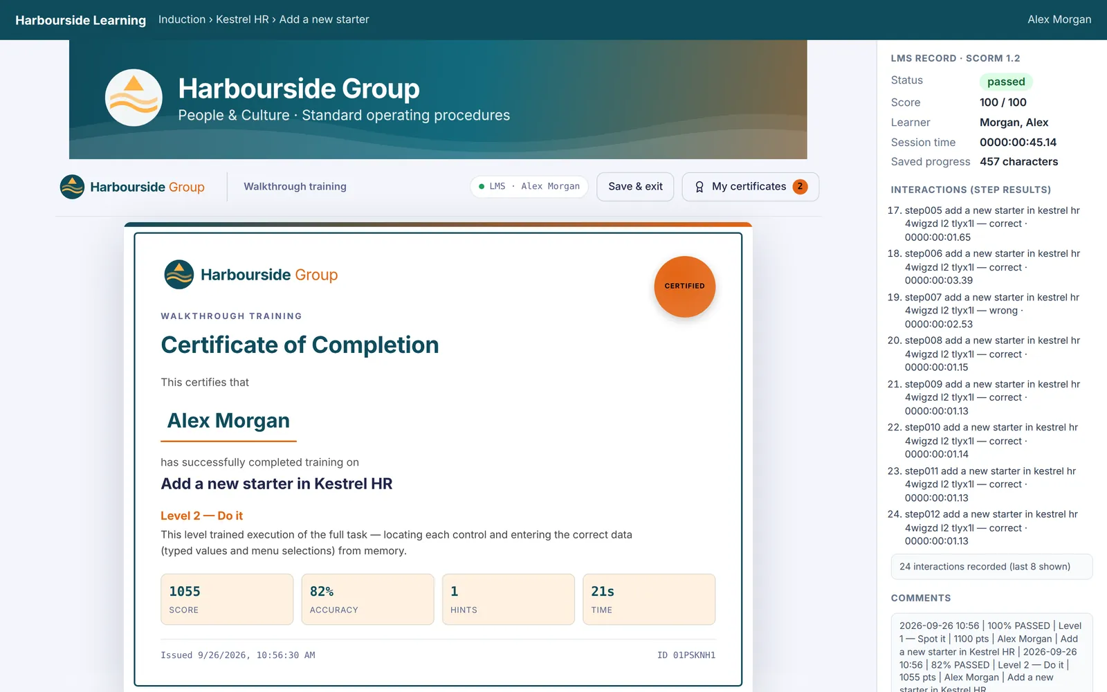 A Harbourside Group Certificate of Completion for Alex Morgan, Level 2 Do it, with score 1055, accuracy 82%, 1 hint and 21 seconds, and a certificate ID.
