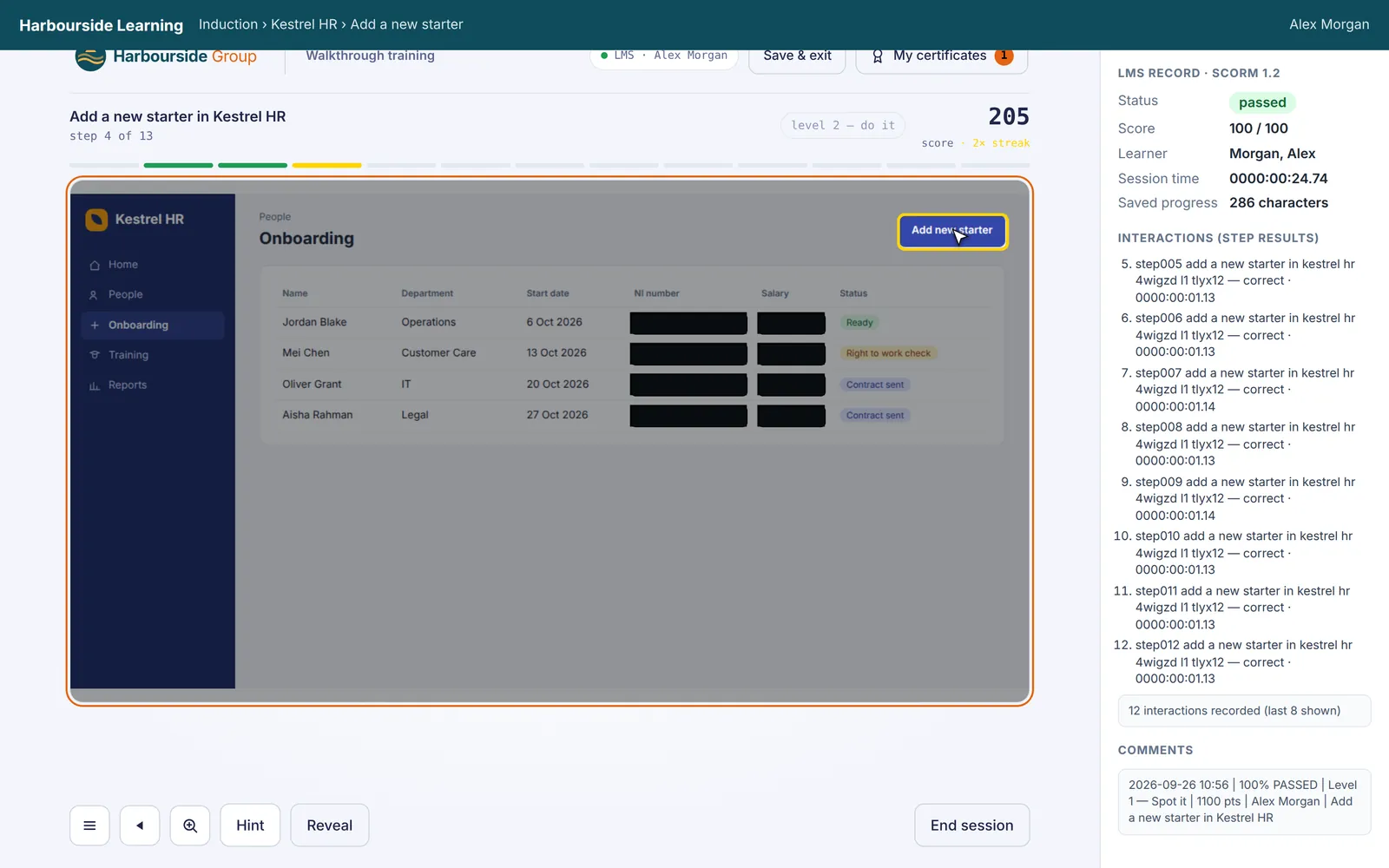 Level 2 of the demo course inside an LMS, with a hint showing where to click and the LMS record on the right.