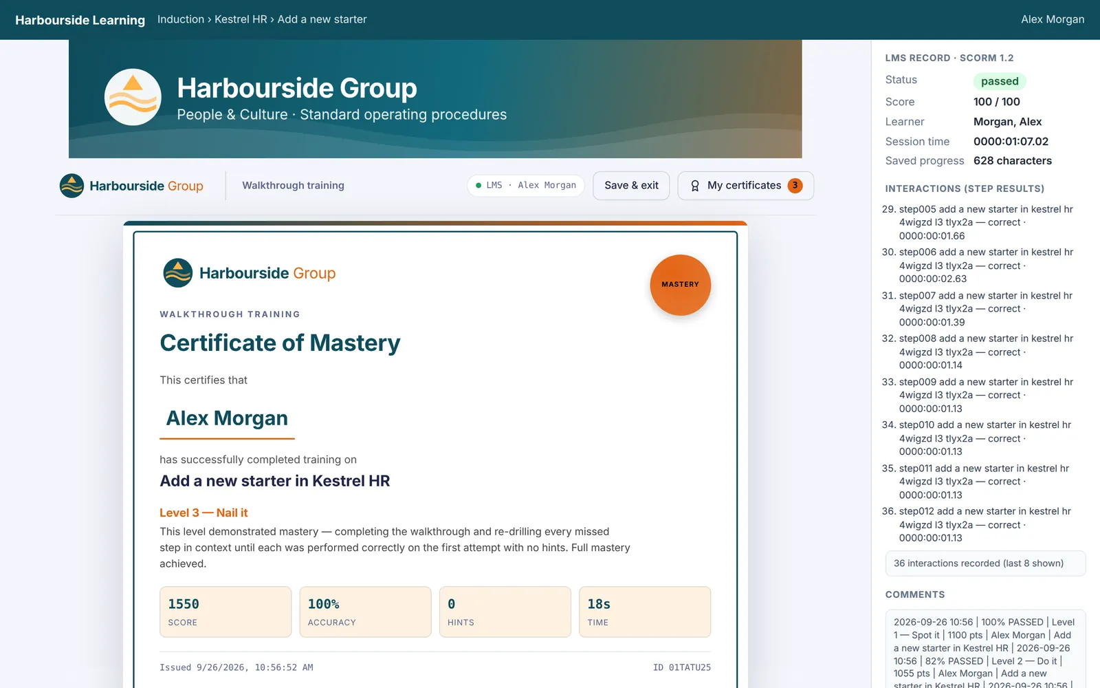 A Certificate of Mastery for Alex Morgan, Level 3 Nail it, 100% accuracy and no hints, shown inside the LMS with the status passed and 36 step results recorded.
