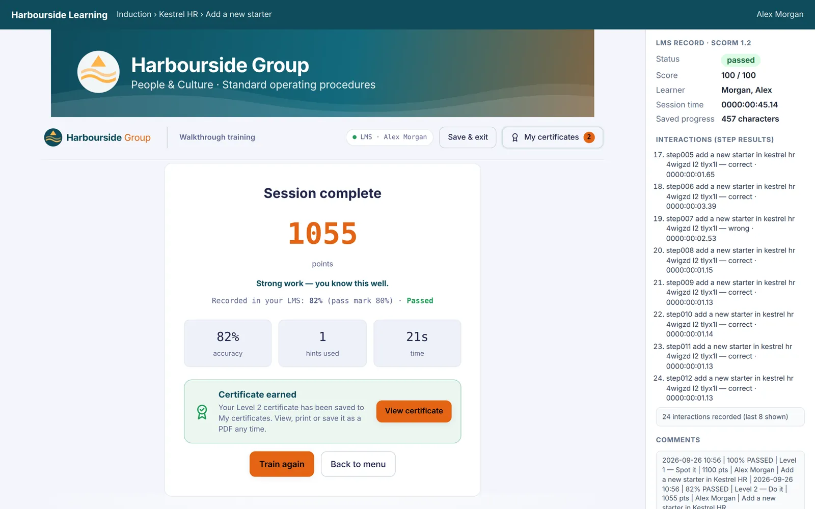 The end of a Level 2 run in the simulated LMS: 1055 points, 82% accuracy, 1 hint and a certificate earned, with the LMS record on the right showing passed, the score and each step's result.