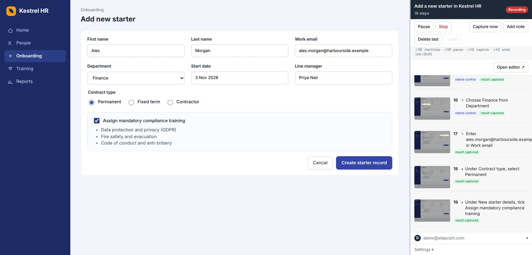 The Kestrel HR new starter form filled in, next to the StepCert side panel recording 19 steps with thumbnails and labels such as native control and result captured.