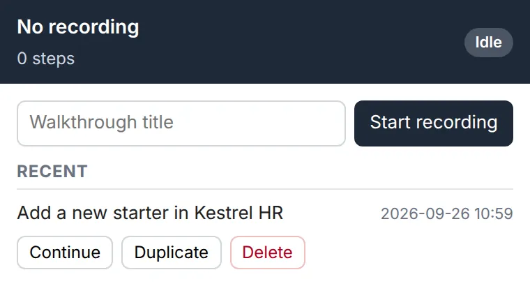 The StepCert side panel on the second computer listing the imported walkthrough under Recent with Continue, Duplicate and Delete buttons.