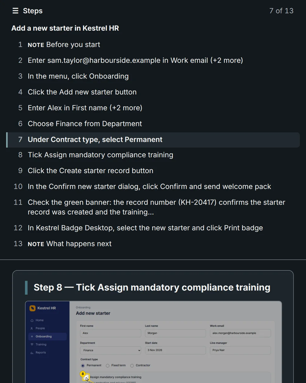 The same web page on a narrow screen in dark mode, with the Steps button opened to show all 13 steps and step 7 of 13 highlighted.
