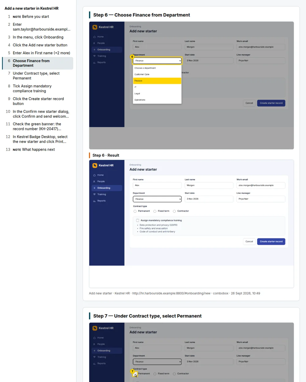 The exported web page on a wide screen: a list of all 13 steps down the left with step 6, Choose Finance from Department, highlighted, and that step's picture with the redrawn dropdown on the right.